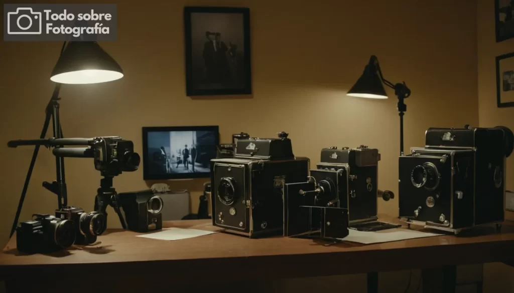 Oscuro lleno de equipos de fotografía