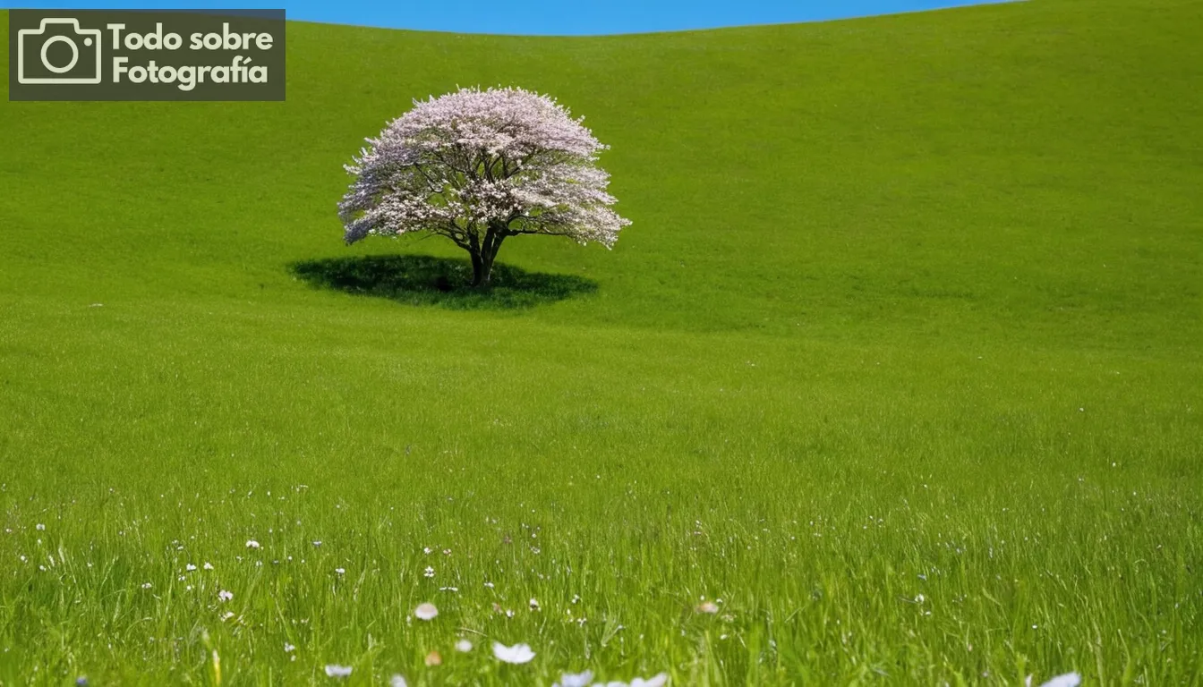 - Rodando colinas verdes bajo un cielo azul claro, - Un árbol solitario de pie en un prado abierto con mariposas girando alrededor de sus flores, - Sunlight filtrando a través de hojas creando patrones en el suelo abajo