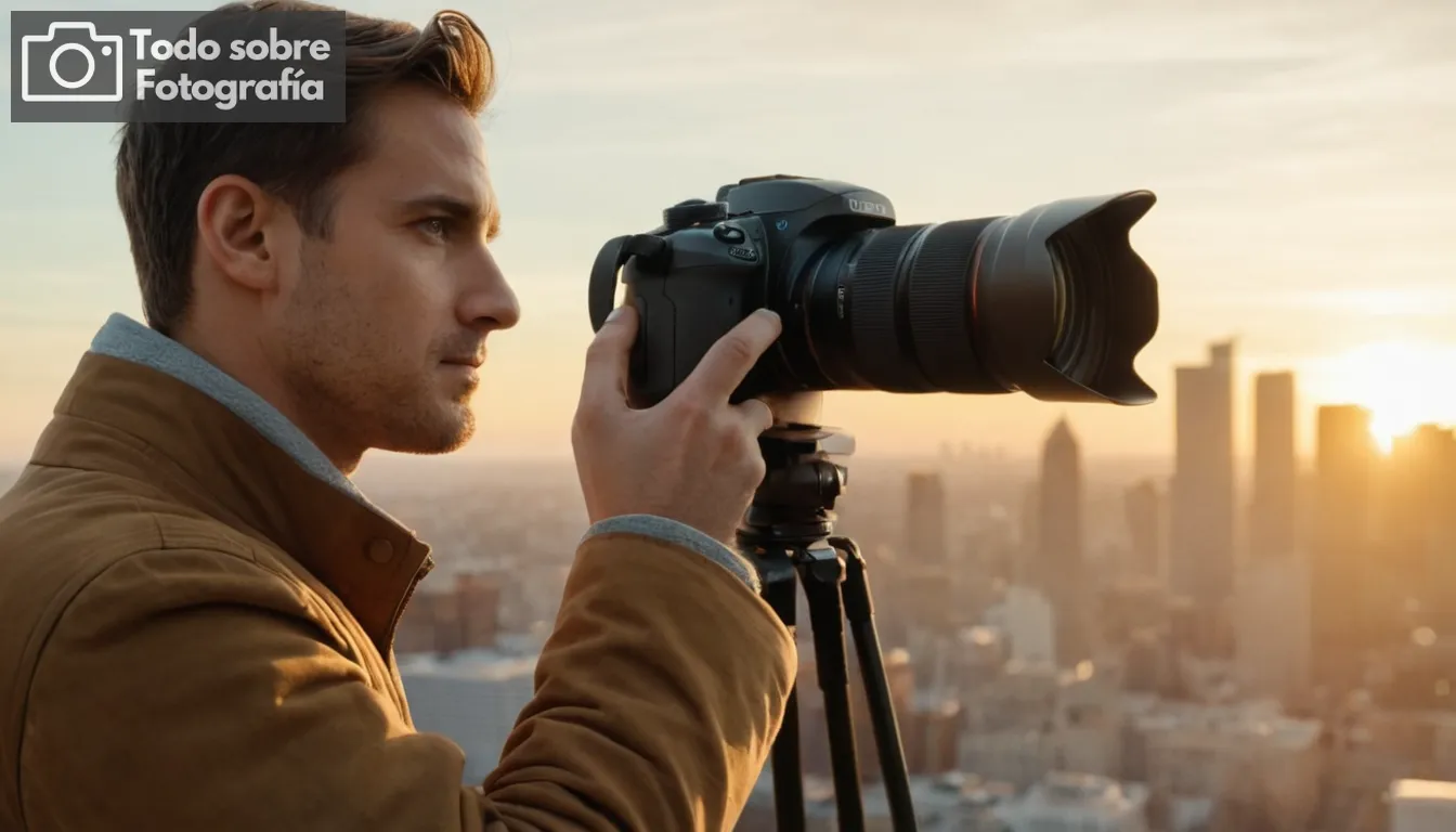 Fotógrafo admirando su cámara y funda de filtro; la luz solar de la hora dorada lanzando tonos cálidos en el paisaje urbano. Una fotografía capturando a un fotógrafo experimentado y con aspecto de contenido contra la vista expansiva de un horizonte urbano iluminado por el suave resplandor del sol de la tarde La luz acentúa ricos tonos dorados y cálidos a través de edificios, mientras que texturas sutiles sugieren elementos arquitectónicos detallados En una mano sostiene un cuerpo de cámara familiar con tapa de lente desmontable que insinúa la preparación para capturar imágenes; en la otra es un caso de filtro bien utilizado visible underneeners light La escena enfatiza el dominio y la preparación sin mención explícita de la fotografía, invitando a los lectores a inferir habilidades a través de imágenes solas