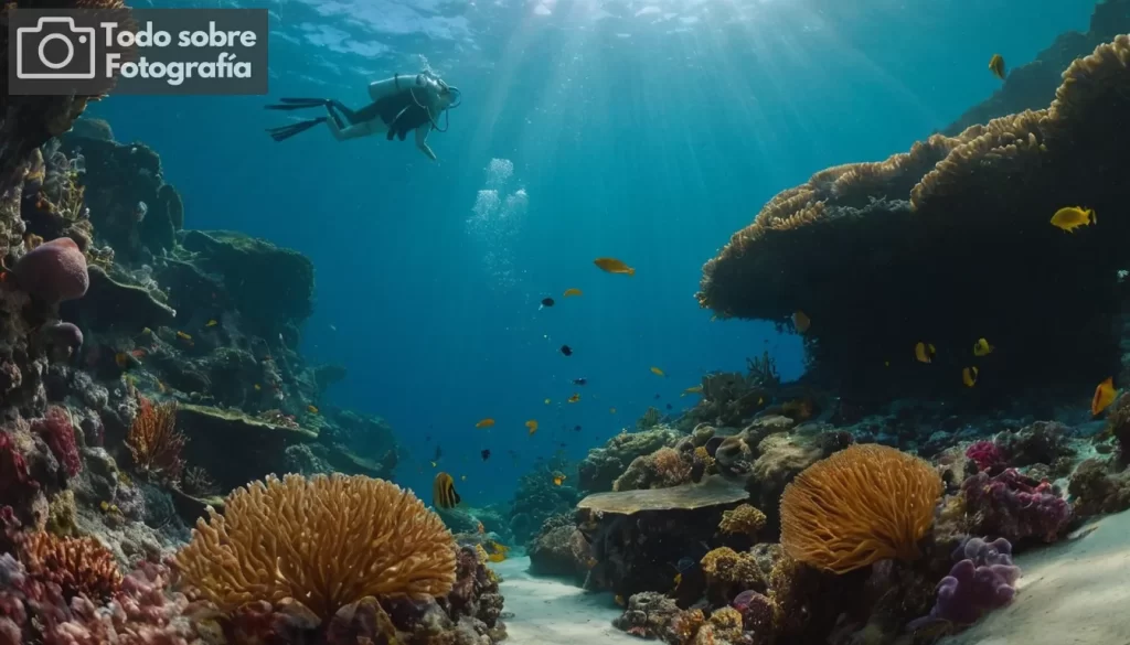 - Una escena submarina vibrante con corales y vida marina... Agua clara iluminada por la luz solar natural filtrando a través de ondas superficiales- Pescado colorido atrevido entre los fanáticos del mar y anémonas- Cierre disparo destacando detalles intrincados de una gran criatura cefalopoda rara - Backdrop con afloramientos rocosos con patrones que sugieren formaciones de coral