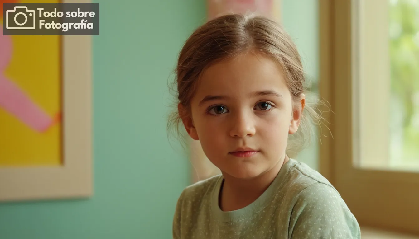 Fotógrafo retrato capturando la inocencia y la alegría de un niño; entorno interior sereno con luz natural fluyendo desde ventanas; paredes coloridas adornadas con obras de arte lúdicas para la inspiración; enfoque suave para enfatizar la dulzura en lugar de detalle; expresión cálida y amigable en la cara joven