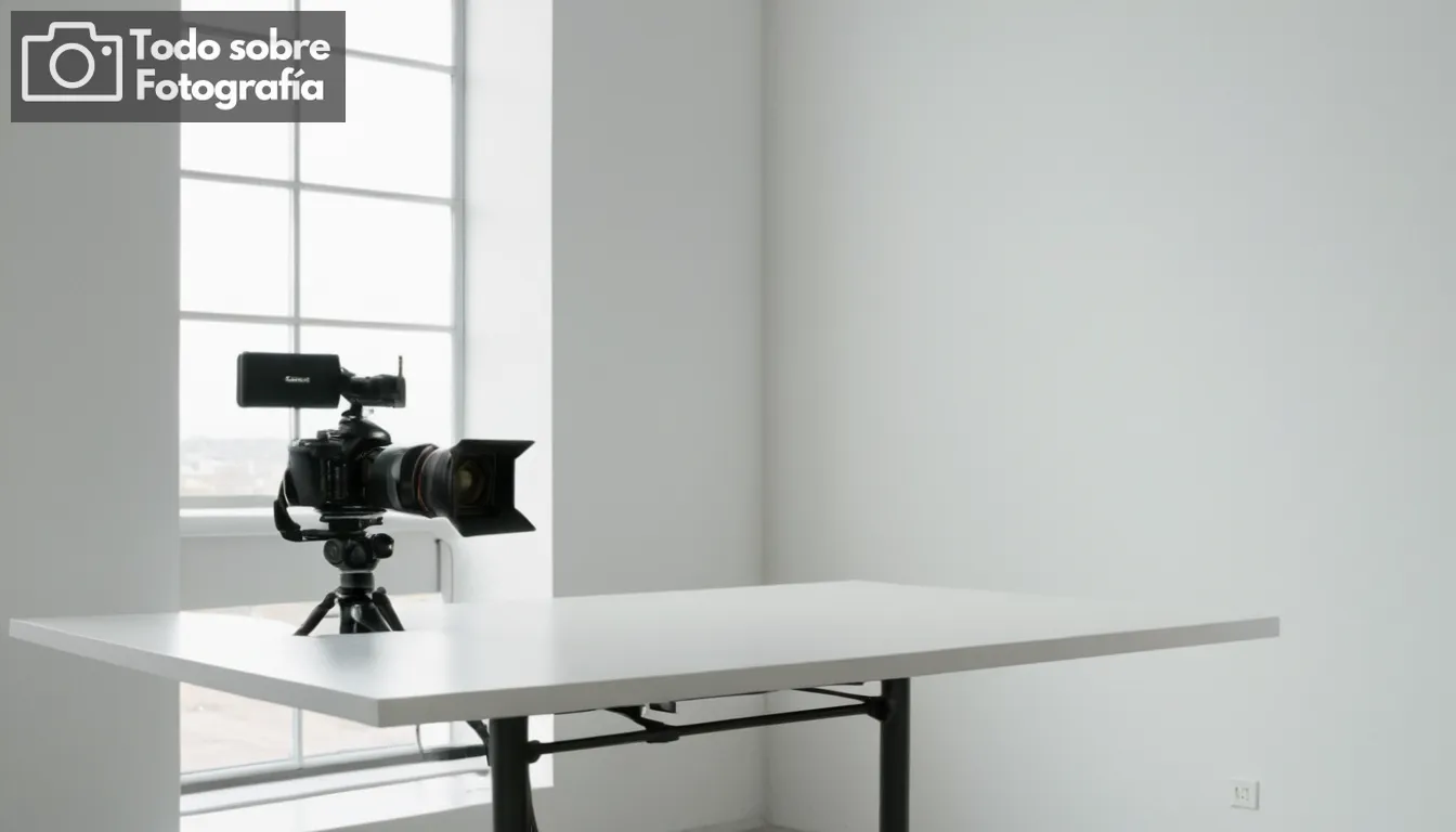 Fondo blanco en un entorno de estudio con luz natural brillante fluyendo a través de ventanas Espacio blanco sin vida que hace hincapié en el enfoque de tema, equipo de cámara elegante perfectamente arreglado en las mesas, diseño minimalista limpio que mejora el atractivo visual de las fotos tomadas antes, y permite a los espectadores imaginar la configuración perfecta para una sesión de blanco y negro respetuoso con el presupuesto Estudio moderno con tonos neutros que reflejan la simplicidad en la creación de fotografías de alto contraste, Abstracción: Interpretación a través de tonos monocromáticos que representan tranquilidad, Flexibilidad de ajuste implícita, sugiriendo adaptabilidad para diversos proyectos fotográficos La imagen insinúa el potencial de versatilidad