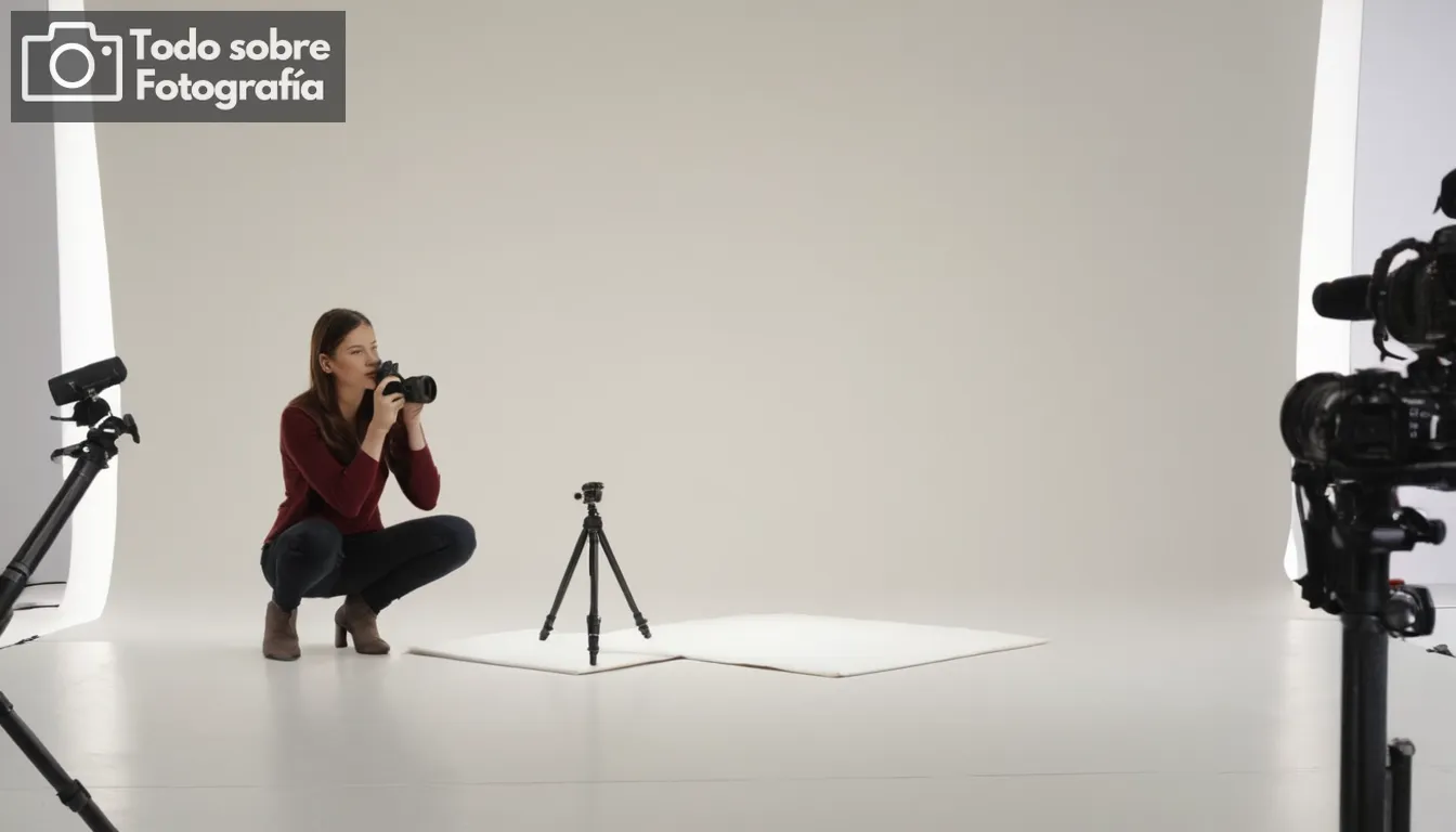 Fondo blanco con una persona que toma fotografías delante de ella, posiblemente utilizando accesorios de cámara digital o smartphone como lentes y trípode Otros elementos visibles podrían ser equipos de iluminación tales como flashes y reflectores para mejorar la calidad de la foto en los fondos blancos Un sentido de enfoque y precisión se transmite por la cuidadosa disposición de los engranajes alrededor del área temática dentro de este escenario profesional de configuración de fotografía, sugiriendo una preparación para fotos de alta calidad con atención al detalle en precio, tamaño y selección de materiales