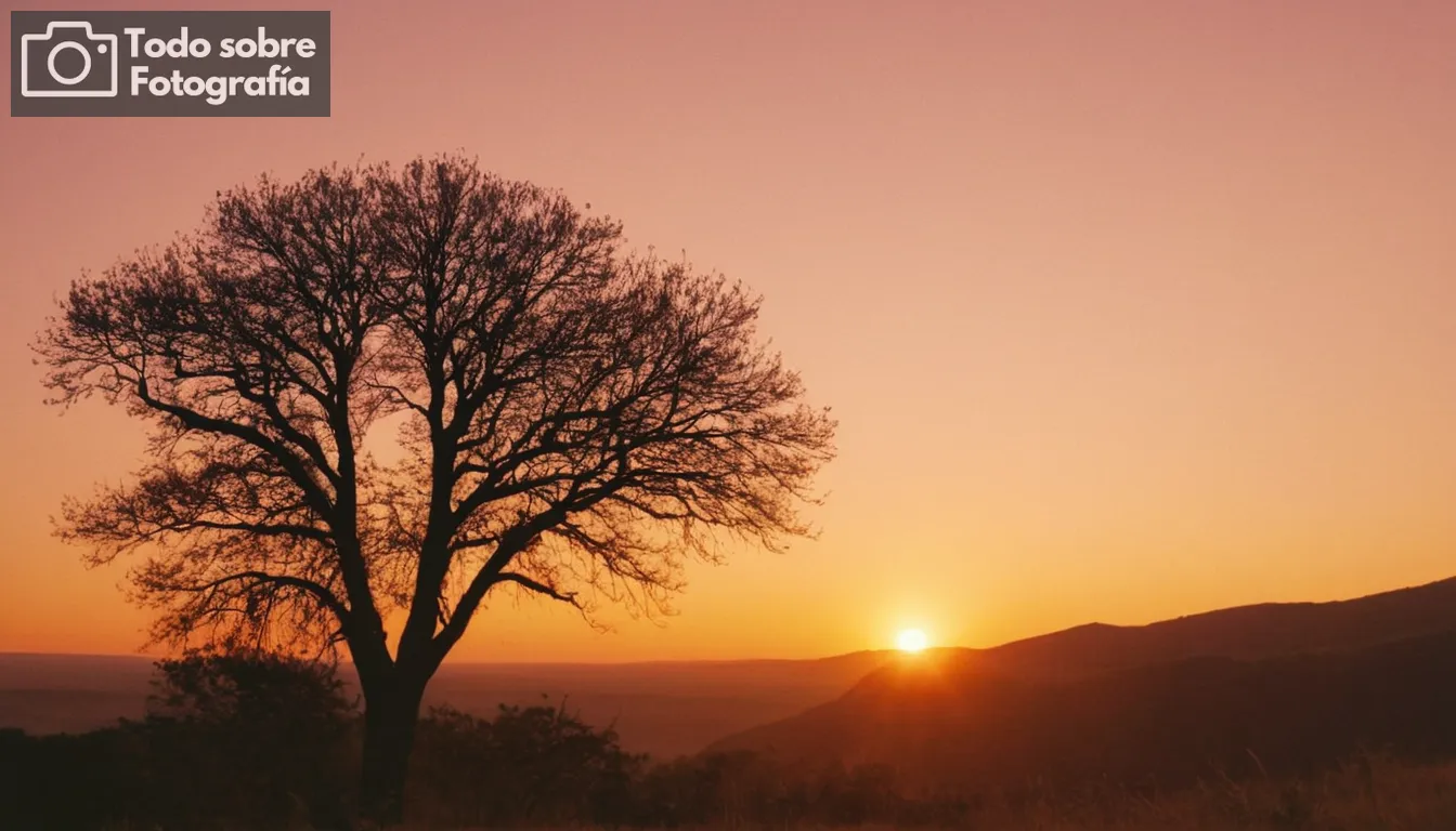 Salida del sol sobre un paisaje robusto, árboles siluetados contra colores cálidos, cielo vibrante gradiente, efecto de iluminación de hora dorada, naturalezas belleza en armonía, ambiente sereno, cautivando primeros momentos de luz, línea de horizonte impresionante, hitos naturales en foco