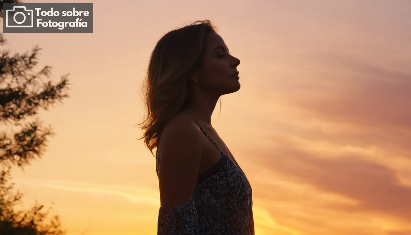 mujer posando con fondo de puesta del sol, colores vibrantes del cielo, silueta contra la línea del horizonte, elementos naturales como árboles y nubes, tonos cálidos que sugieren iluminación de hora dorada