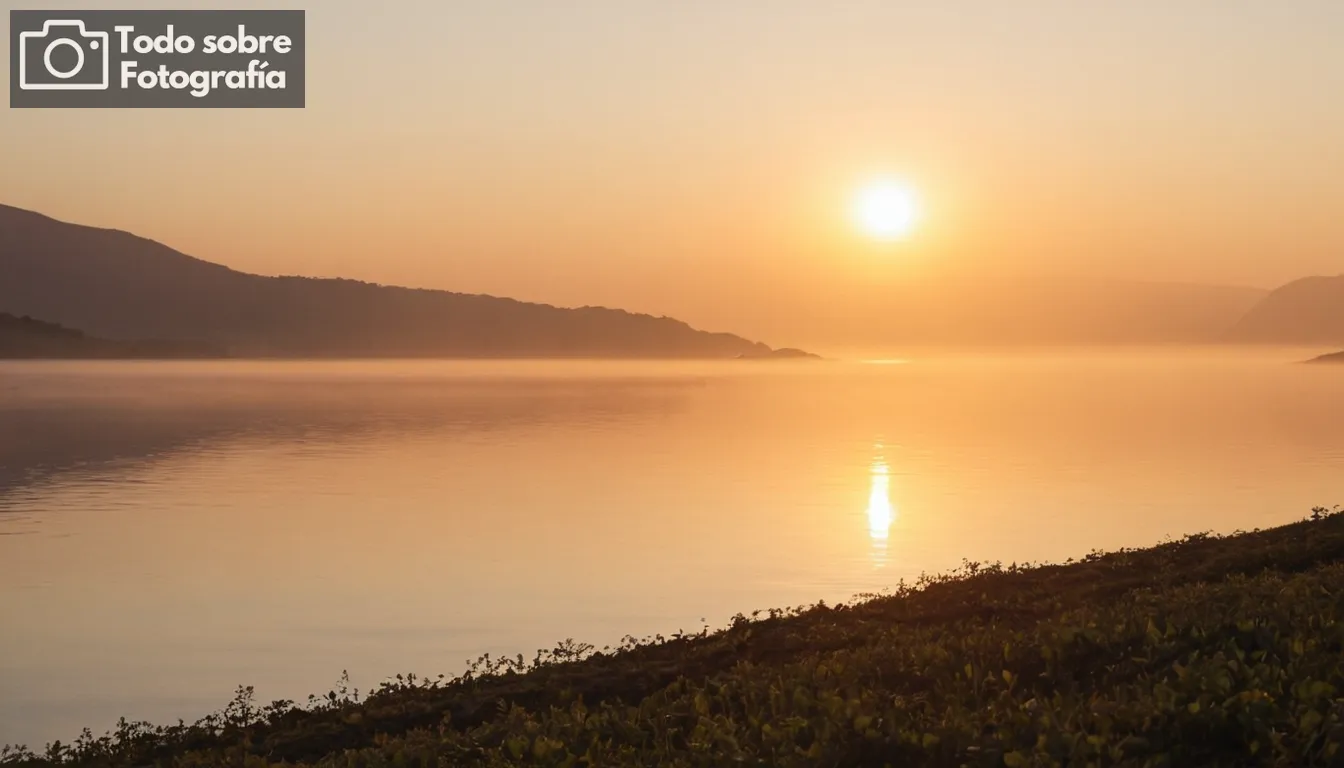 impresionante amanecer sobre el océano, luz suave y colores en el cielo, madrugada niebla cerca de la línea de agua, silueta de colinas distantes contra tonos cálidos, cámara con superficie reflectante en trípode, paisaje natural despertar a la luz del día