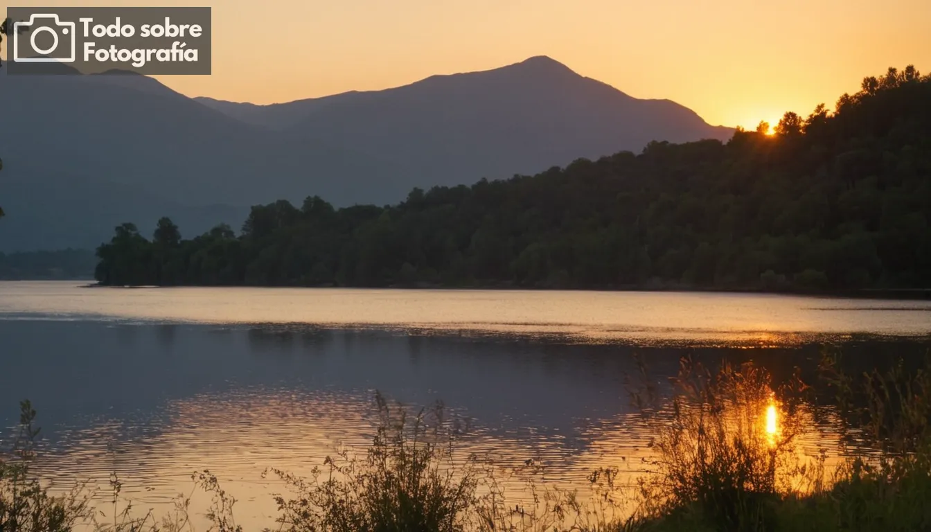 Salida del sol sobre un lago tranquilo, montañas en sombras suaves, tonos vibrantes, silueta de árboles contra el horizonte, superficie de agua reflectante, flora y fauna diversa, efectos de iluminación de hora dorada