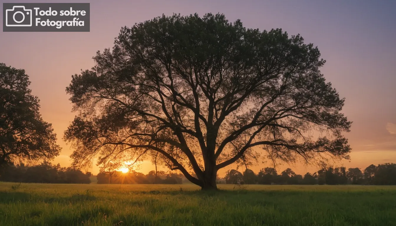 Silhouettes de árboles en un fondo de amanecer, colores vibrantes del cielo del amanecer, hierba cubierta de rocío, posición trípode, configuración de larga exposición en el juego, amplia captura de lente de ángulo, efectos de iluminación de hora dorada, paisaje tranquilo