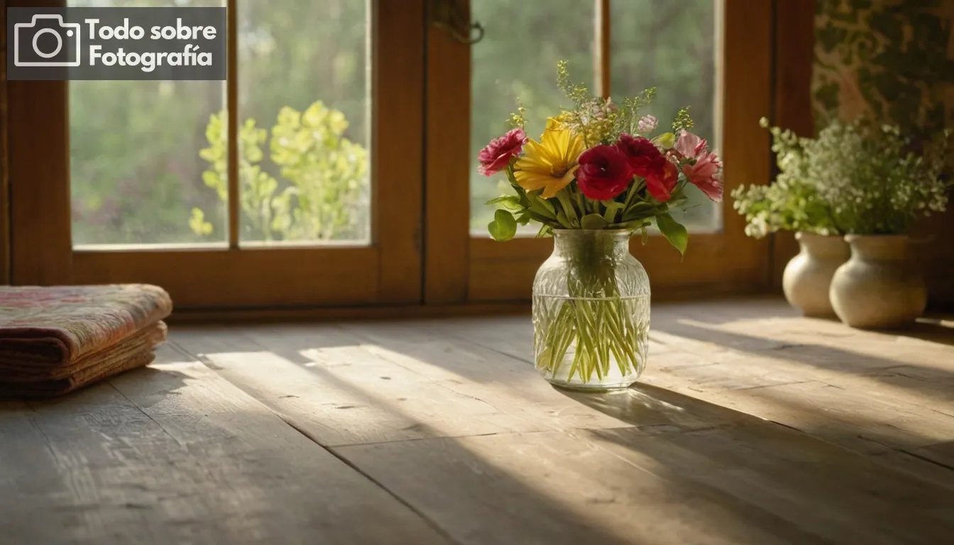 1 luz del sol fluyendo a través de las ventanas, 2 jarrón lleno de flores coloridas y vegetación en una mesa de madera rústica, 3 patrones intrincados grabados en los azulejos del suelo en enfoque suave más allá del fondo del follaje