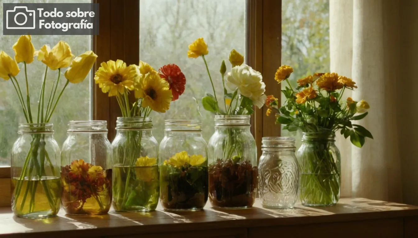 Jarras de vidrio en una mesa de madera, flores vibrantes en plena floración y marchitas en varias etapas, un surtido de hojas tanto verdes como marrones, la luz del sol filtrando a través de persianas de ventanas creando patrones a través de objetos, reflejos rebotando de las superficies de vidrio