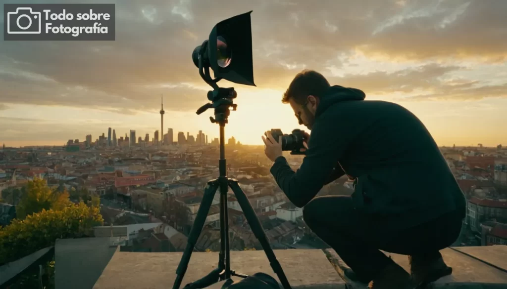 un fotógrafo profesional que ajusta la configuración de la cámara en un estudio