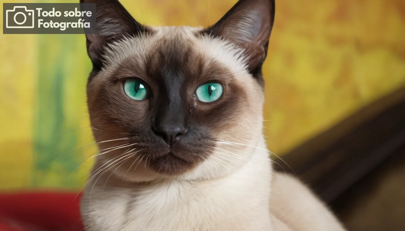 Un guapo gato de Siamese con ojos verdes esmeralda mirando con alma a la cámara, rodeado de un telón de fondo que recuerda a los paneles cómicos o el escenario cósmico, capturando un tema felino de otros mundos pero entrañable para los entusiastas de la fotografía y los fans por igual