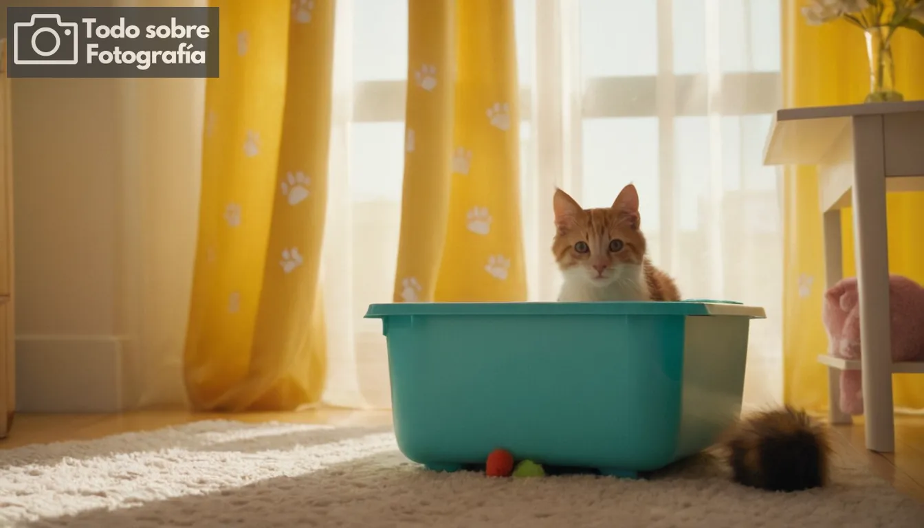 - Una fotografía vibrante, caja de litera de colores brillantes, impresiones de patas gatitos juguetonas, gatos pequeños adorables en varias poses lazing o jugar con juguetes Smiling propietario cercano y brillante filtro de luz solar a través de cortinas que indican un agradable entorno de día