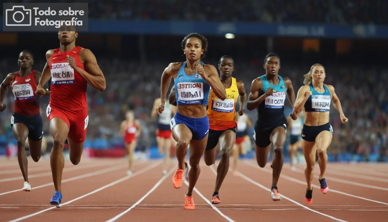 Atleta en movimiento, pista y evento de campo, luces brillantes del estadio, enfoque en cara de corredores, pose llena de acción, alto contraste, colores vibrantes, composición dinámica, momento deportivo de firma, celebración de ganadores de medallas, atmósfera de ritmo rápido, concentración intensa