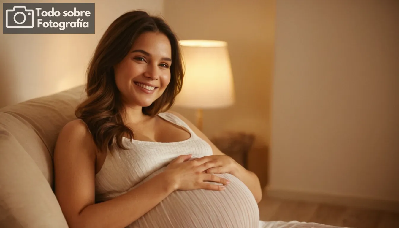 - Un par compartiendo un momento juguetón juntos, riéndose en su entorno hogareño- Dos parejas expectantes con sonrisas brillantes y expresiones suaves en las caras que sostienen las manos o se abrazan ligeramente para indicar el embarazo cómodamente pero con humor... Luz cálida iluminando suavemente la escena para un ambiente íntimo- Elementos de fondo como una estantería llena de libros, almohadas o piezas de arte que coinciden con el estilo minimalista - Proveedores sutiles como ropa de bebé colgando en un estante de abrigo visible a través de cortinas de fondo