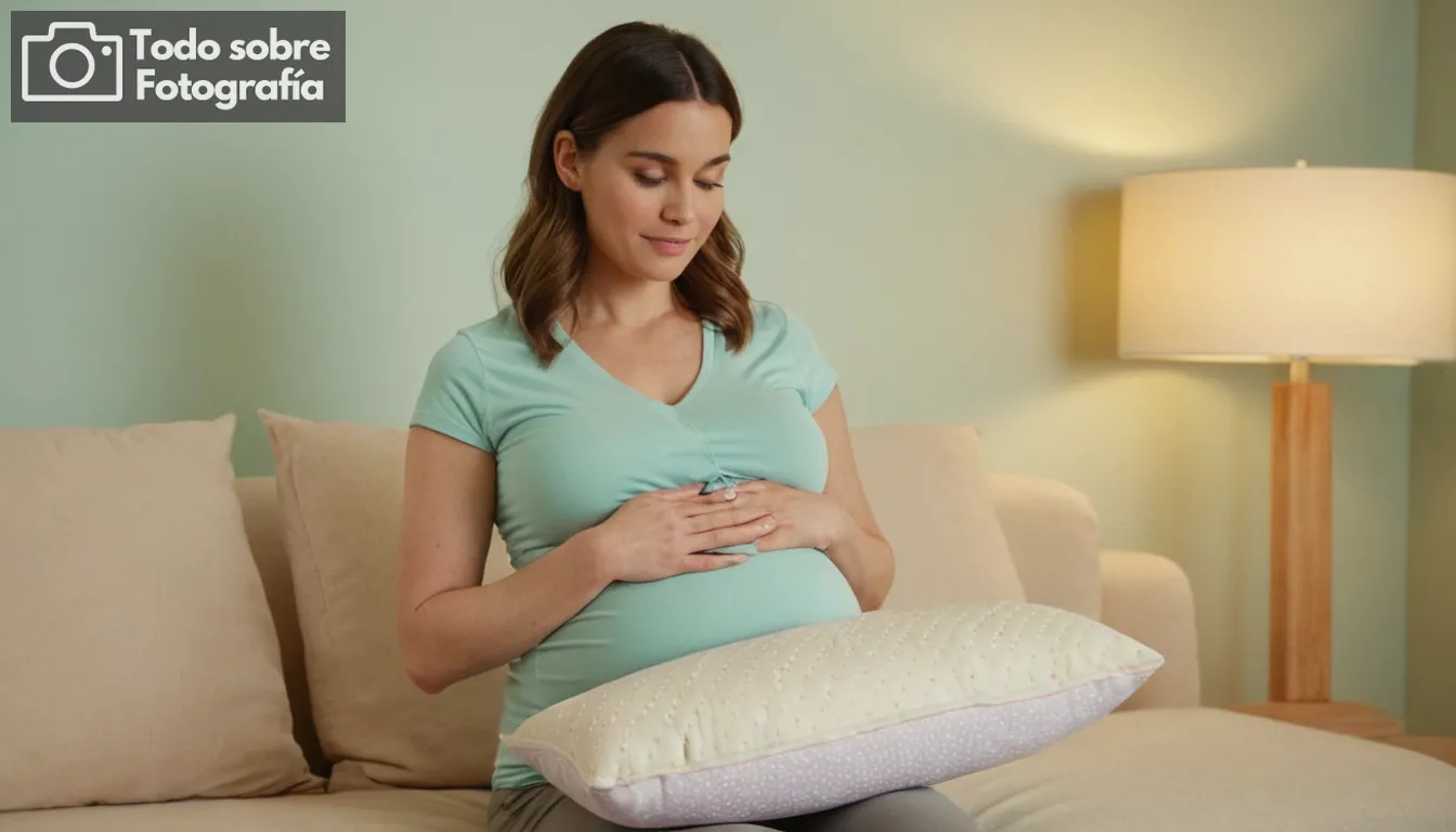 Una mujer embarazada que sostiene una almohada para bebés; colores relajantes como pasteles o tonos neutros; iluminación suave; expresiones faciales suaves para reflejar positividad y esperanza; quizás algunos patrones sutiles en la ropa o decoración alrededor del fondo indicando estilo personal y comodidad durante el embarazo