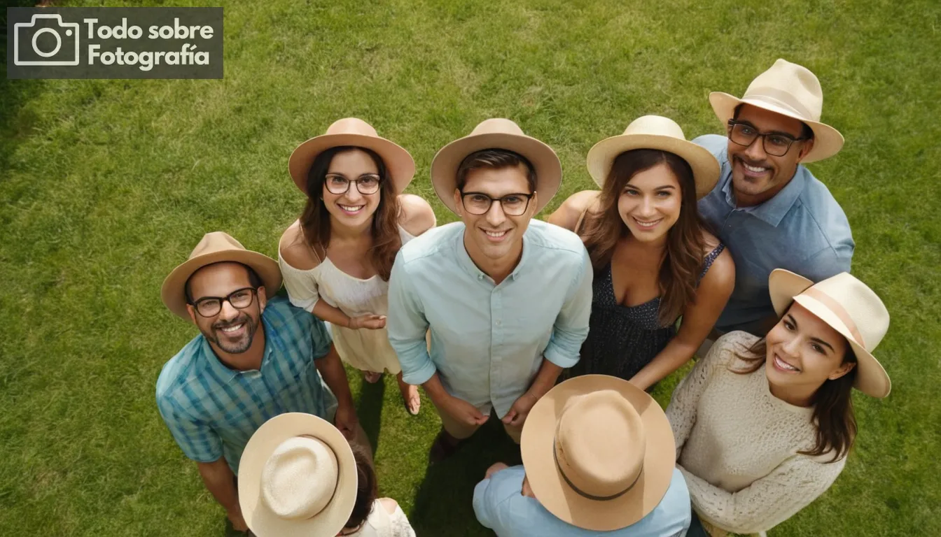 reunión familiar en varios entornos al aire libre, caras sonrientes con fotos de cámara o retratos familiares capturados de arriba, props como sombreros y gafas para añadir carácter, luces calientes para un tono alegre