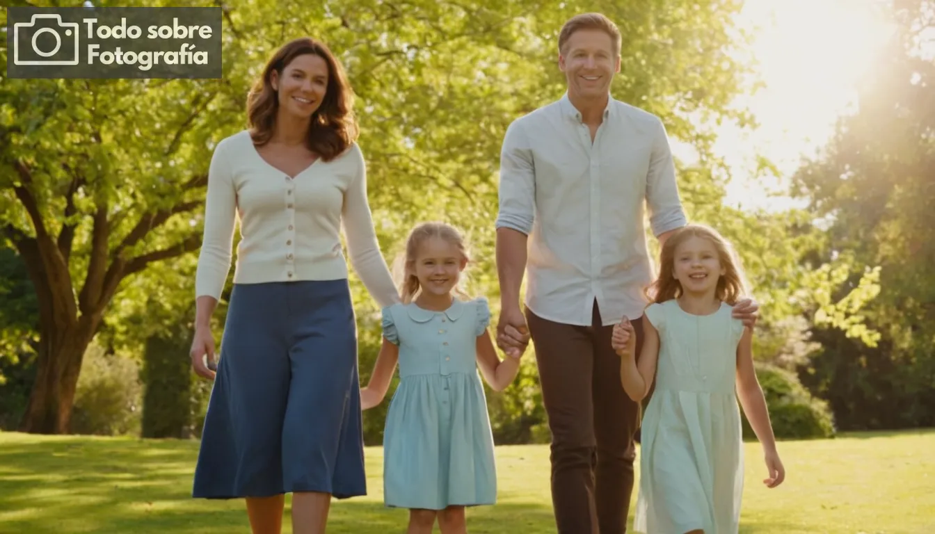 Un vibrante retrato familiar con niños y adultos sonrientes que sostienen las manos, en un escenario sin trabas como un parque o jardín, sugiriendo actividad al aire libre; la luz del sol fluyendo a través de hojas para el realce natural de la luz; cielos claros visibles en el fondo para transmitir la idoneidad del tiempo