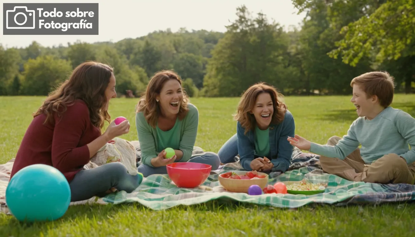 Familia reunida en una mesa de picnic bajo un cielo iluminado por el sol; platos coloridos y mantas se extendieron sobre la creación de calidez y camaradería; niños riéndose mientras juegan con una bola de rebote en hierba verde, adultos comprometidos en conversación animada y risas