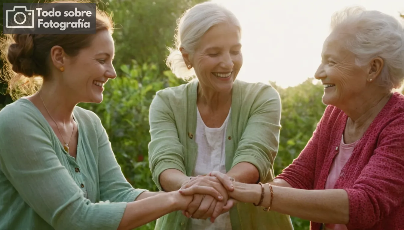 - Familia reunida alrededor de una mesa de cocina; risa en el aire; colores vibrantes de flores frescas en exhibición; luz del sol fluyendo a través de ventanas iluminando retratos familiares en las paredes; elementos apreciados como reloj de abuelo y plato de heirloom visible, evocando nostalgia