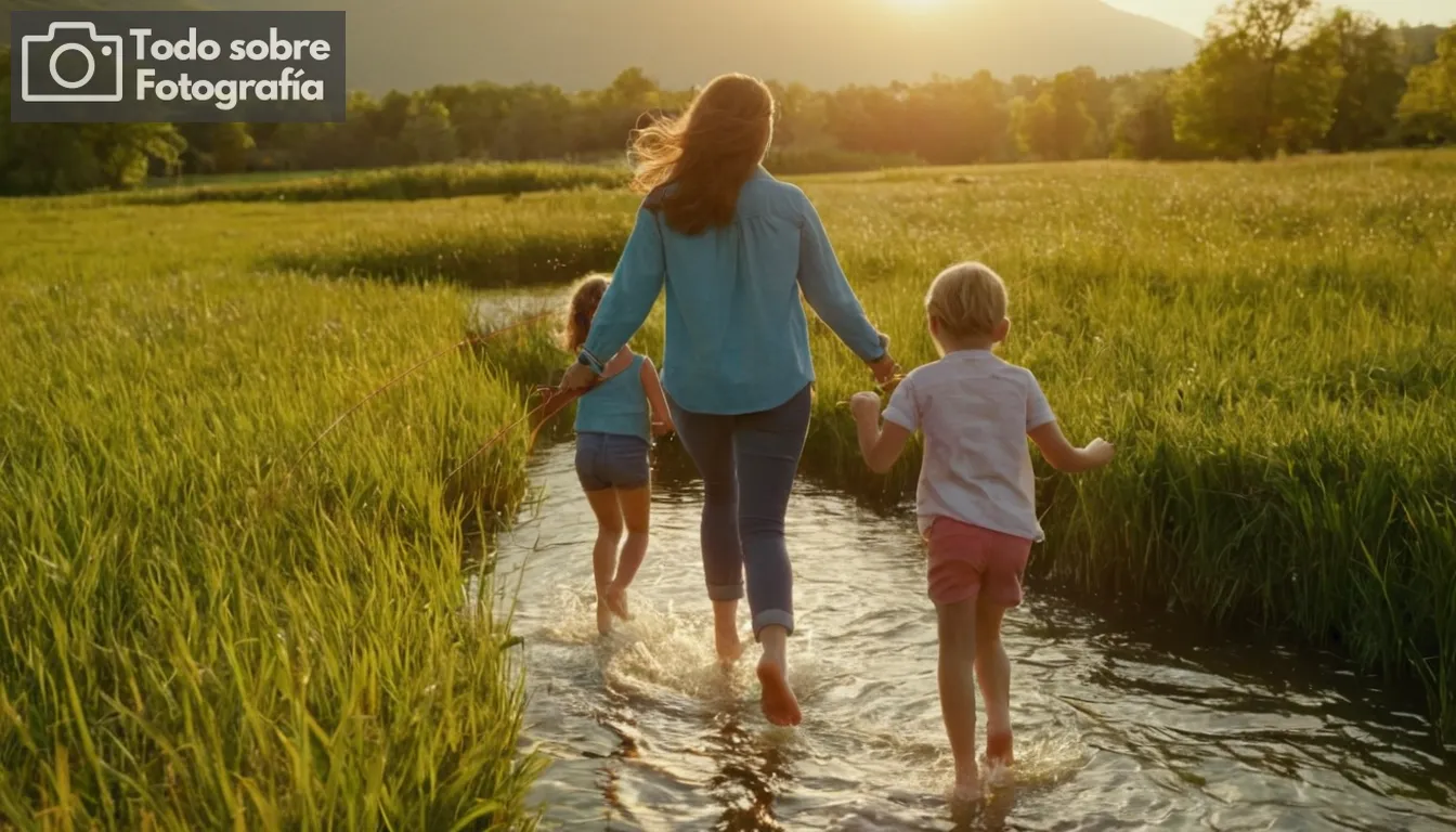 17 coloridas escenas al aire libre capturando momentos familiares en la naturaleza; diversas actividades como pesca o senderismo con niños en senderos; puestas de sol serenas sobre lagos y montañas que reflexionan sobre superficies de agua; disparos dinámicos de jugar niños, saltar cuerda o perseguirse unos a otros descalzos a través de campos pastosos