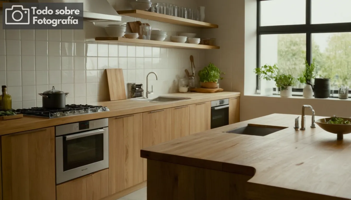 - Moderno fondo de cocina con azulejos blancos limpios y electrodomésticos brillantes; una encimera de madera en acabado de madera natural para contraste de textura; varios platos de colores mostrados en mesas abiertas o racks para llamar la atención visualmente; iluminación cálida e indirecta que resalta los colores alimenticios sin resplandor duro