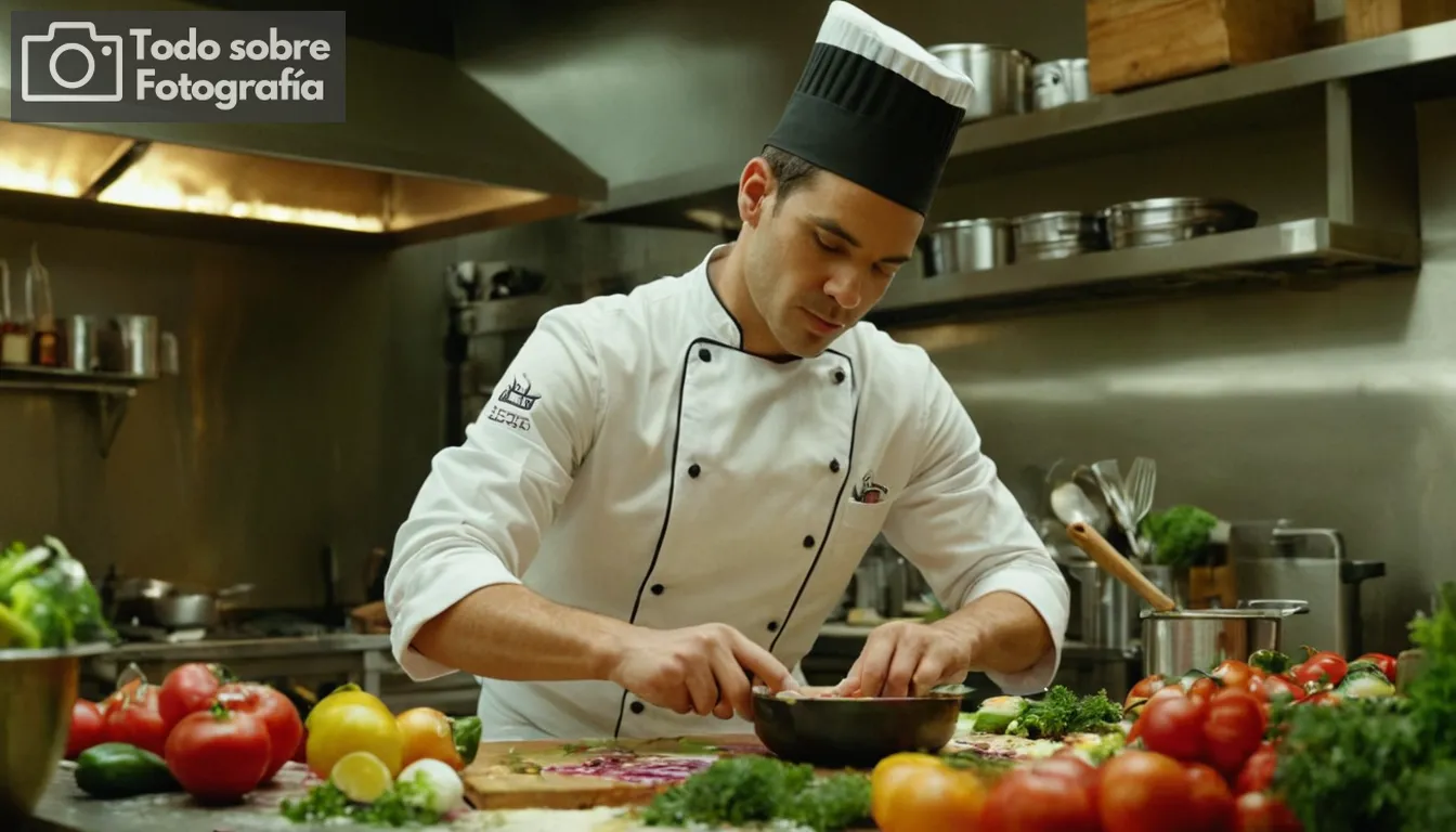 - Un chef vibrante preparando un plato en una cocina bulliciosa,- ingredientes coloridos y productos frescos en exhibición,- Antecedentes con elementos artísticos como brotes de pintura o patrones abstractos que reflejan las artes culinarias,- Hintes de brillo alrededor de los alimentos para enfatizar su atractivo