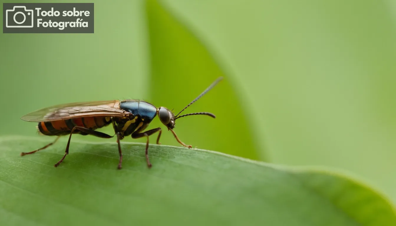 - Cierre la inyección de un insecto en la superficie de la hoja; detalles magnificados visibles como alas y piernas- Diferentes condiciones de iluminación como la luz solar filtrando a través del follaje o sombrías sombras arriba- Enfoque claro y agudo con fondo ligeramente borroso para la percepción de profundidad