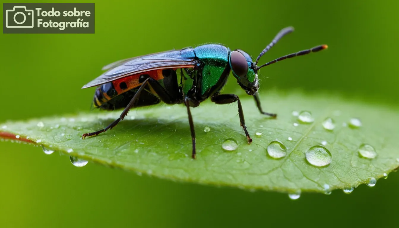 El fotógrafo examina un insecto detallado sobre una hoja en colores vibrantes contra las naturalezas telón de fondo; lente macro adherida a planos de cámara afilada y enfocada con detalles intrincados visibles como diminutas rodajas que brillan en pétalos de flores, ilustrando la belleza de la fotografía de primer plano