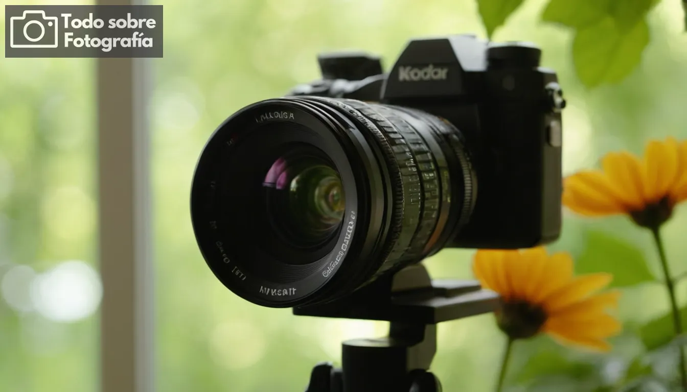 Primer plano de una lente macro en un cuerpo de cámara caro; luz natural suave fluyendo a través de la ventana mezclando fondo en silueta detrás de sujeto; flora vibrante floreciendo en medio de follaje verde en foco, bordes suavemente afilados por efecto bokeh de árboles distantes