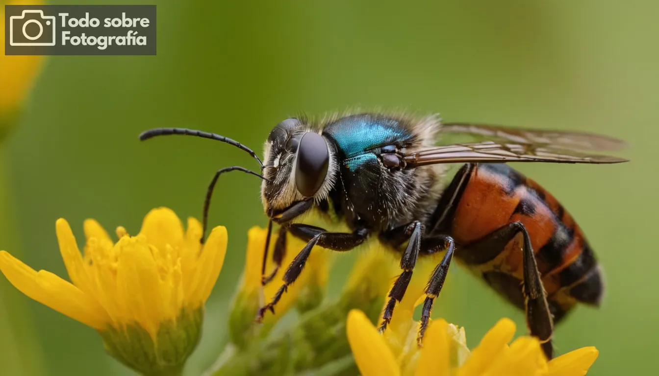 una persona que utiliza una cámara con tubos de extensión y filtros de cierre, rodeado de detalles intrincados de flores o insectos en condiciones de iluminación macrofotográfica