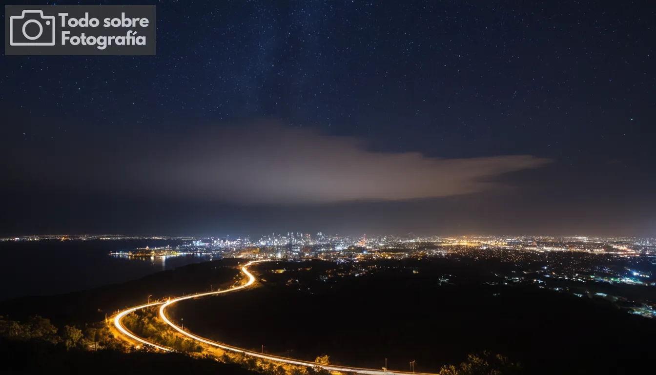 Un cielo oscuro lleno de estrellas y luces distantes de la ciudad, un tiro de larga exposición con formato RAW capturando movimiento como nubes o senderos de luz artificial; varios ajustes como cámara posicionada en trípode, filtro de densidad neutral aplicado para tiempos de obturación prolongados posiblemente requeridos en la fotografía del modo bulbo