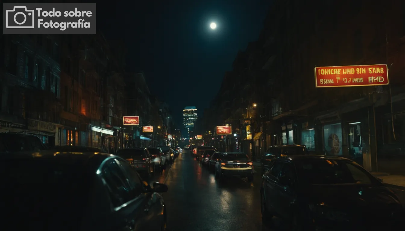 - Un paisaje urbano retroiluminado en las calles iluminadas por la noche y luces de neón que reflejan superficies- Autos con sus rayos de luz perforando a través de áreas más oscuras- Luna brillando brillantemente o estrellas visibles en el cielo arriba, creando un sentido de frialdad