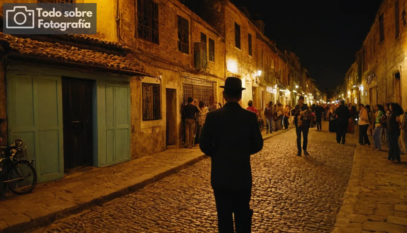 Um homem em um terno preto com uma câmera à mão, iluminado por luzes artificiais brilhantes de rua vibrantemente coloridas durante un noite guiñapo, paisagem urbana acontecendo ao fundo Dense muchedumbre de gente hablando y riendo con pocos artistas callejeros entreteniéndolos en medio de la bulliciosa atmósfera de la ciudad La luna llena en el cielo nocturno arrojando su brillo plateado sobre un encantador callejón de piedra caliza forrado con pintorescas casas iluminadas perfectas para composiciones fotográficas nocturnas