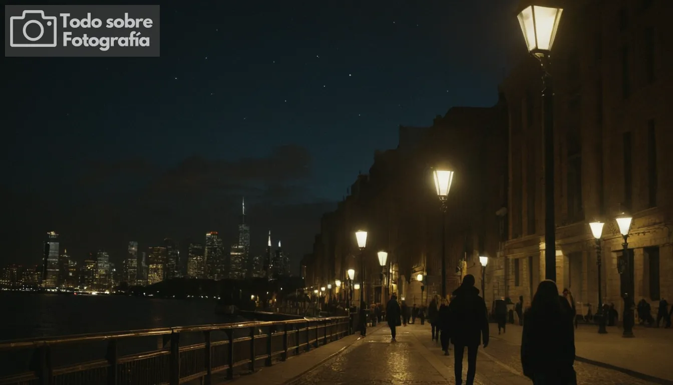 - Lámpara de la calle iluminando una escena urbana oscura, peatones caminando con pasos deliberados bajo iluminación suave; skyline de la ciudad visible en silueta contra estrellas de noche débil mirando a través de nubes arriba