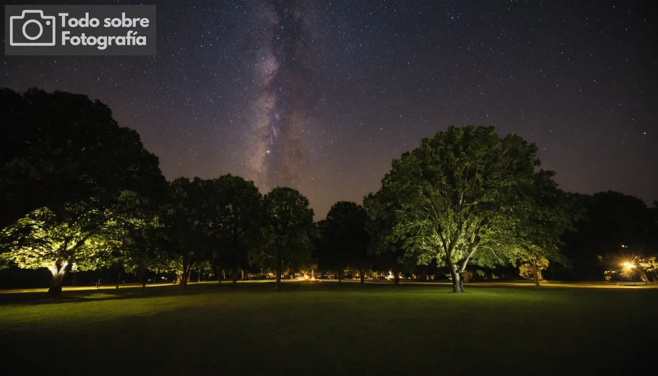 Cielo nocturno lleno de estrellas y Vía Láctea; lente de gran angular capturando luces de la ciudad contrastando fondos más oscuros; escena nocturna en un entorno de parque que permite la prueba de tiros en temas como árboles o estatuas; disparo de cerca mostrando configuración de la cámara ajustado al modo manual, resaltando opciones de sensibilidad ISO