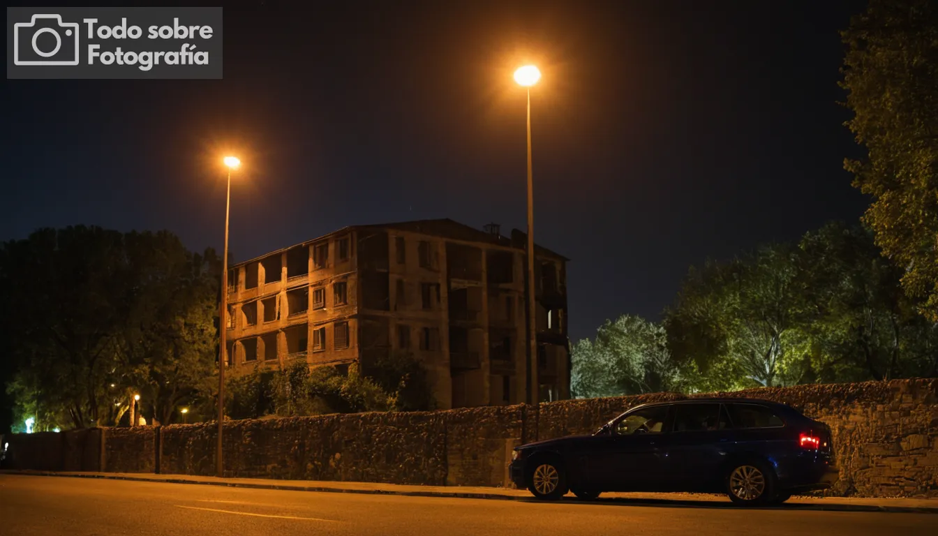 Una escena nocturna en un entorno urbano con una mezcla de estructuras naturales y hechas por el hombre iluminadas por múltiples fuentes de luz como lámparas callejeras o faros de coche; fondo oscuro pero no completamente negro que permite la percepción de profundidad y centrarse en temas como personas, animales, objetos o actividades que tienen lugar por la noche