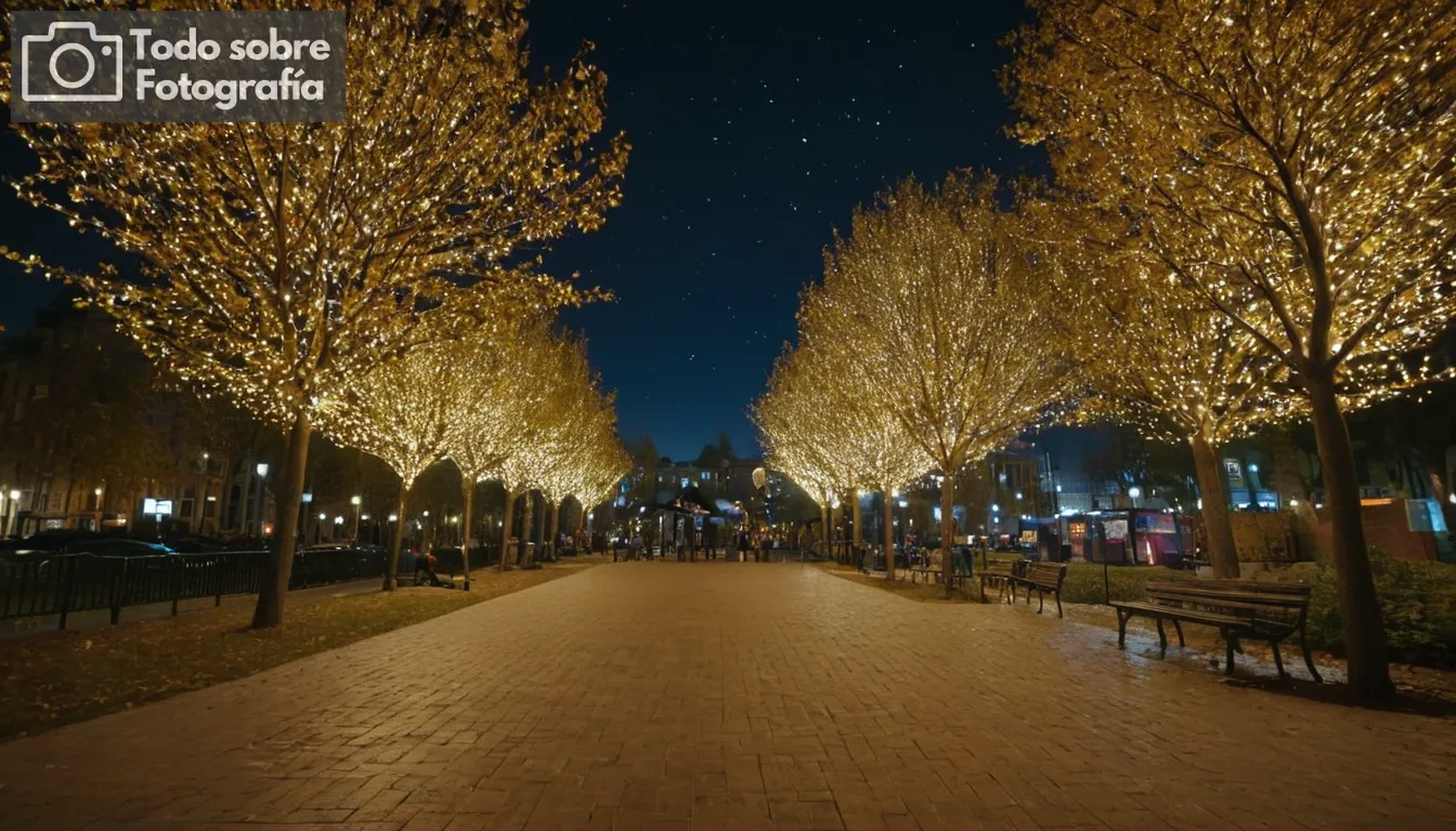 1 Un oscuro cielo nocturno lleno de estrellas y constelaciones 2 Varios accesorios únicos dispersos en un paisaje urbano durante la noche 3 Persona con equipo de cámara bajo luces artificiales 4 Street con iluminación decorativa aceras, edificios y árboles 5 parque infantil interactivo o espacio público diseñado para entusiastas de la fotografía