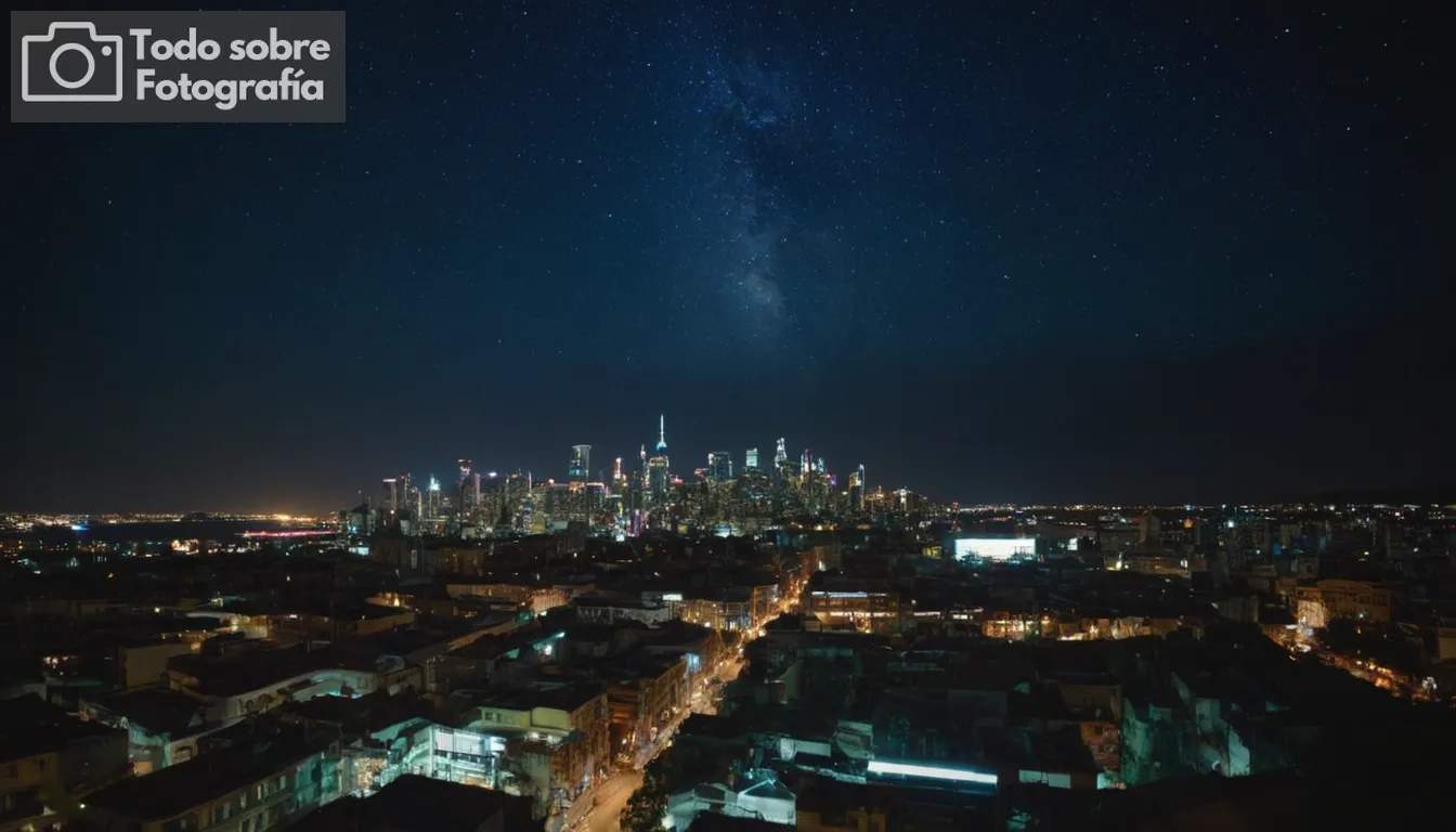 1) Un cielo nocturno estrellado lleno de estrellas brillantes; 2) Tenebrosa oscuridad puntuada por fuentes de luz vibrantes como paisajes urbanos y signos de neón; 3) contrastes dramáticos entre áreas sombreadas y puntos focales iluminados, mostrando escenas nocturnas urbanas