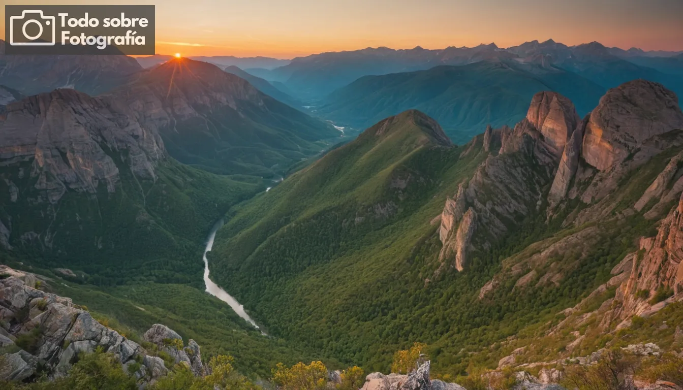 paisaje montañoso, tonalidades de puesta del sol, costura inigualable, ángulos diversos, lente de gran angular, vista cautivadora, panorama impresionante, belleza natural, paisaje expansivo, vista impresionante, experiencia inmersiva