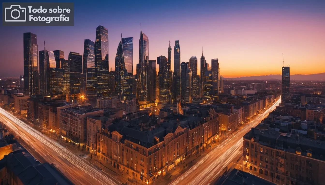 Paisaje urbano al atardecer, diversas siluetas de arquitectura, transición sin costuras, perspectiva de múltiples objetivos, efectos de iluminación dinámica, punto de vista amplio, capturando la grandeza del paisaje urbano Imágenes perfectamente mezcladas, elementos naturales y artificiales, paleta de colores vibrantes, ilustración de movimiento suave, claridad de alta resolución, composición cinematográfica