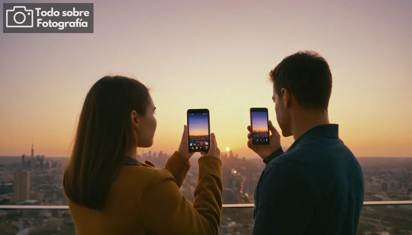 Parejas con smartphones con aplicaciones de cámara abierta, skyline de puesta de sol en el fondo, colores vibrantes, múltiples imágenes superpuestas, efectos de mezcla, transición suave entre fotos, diversos temas y escenas, elementos de fotografía profesional, composición visualmente atractiva, experiencia inmersiva