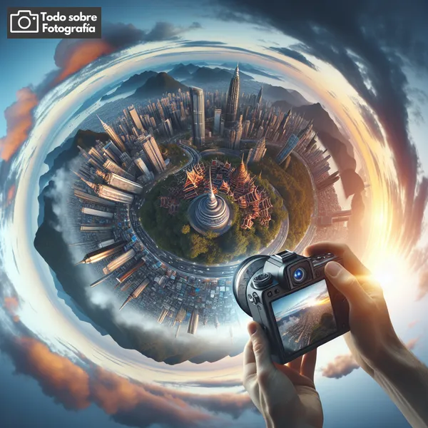 Imagen panorámica de una cámara capturando una escena en 360 grados, ilustrando la inmersiva experiencia de la fotografía 360.