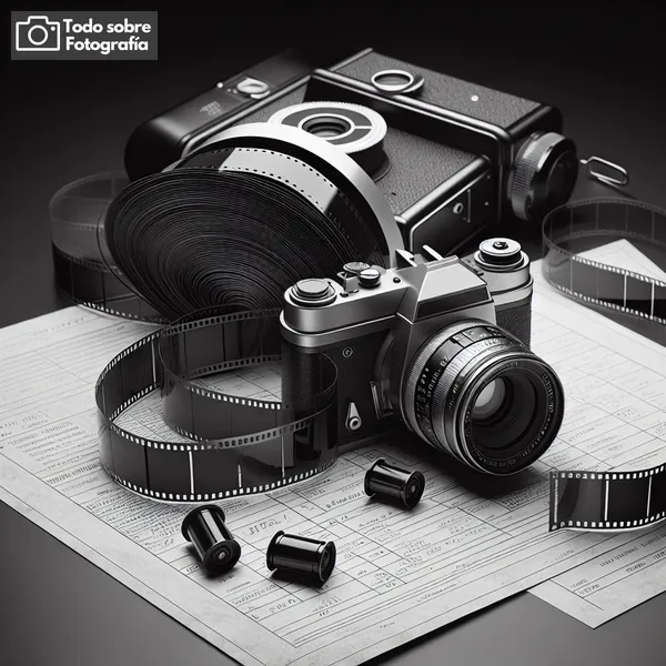 Imagen que muestra un rollo de película fotográfica en blanco y negro desenrollado sobre una mesa