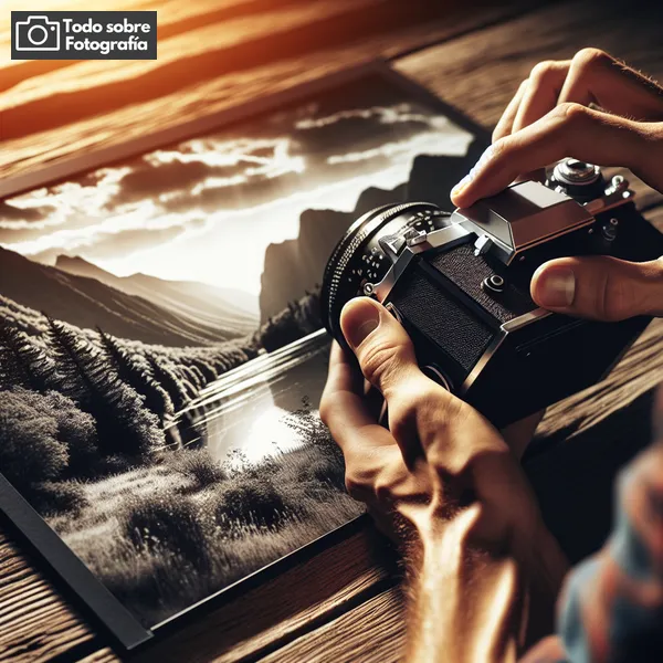 Imagen de un fotógrafo ajustando la configuración de una cámara analógica en blanco y negro para capturar un paisaje en detalle.