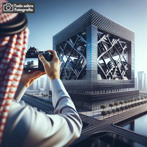 Foto de un fotógrafo capturando la imagen de un edificio moderno desde un ángulo único, resaltando líneas y detalles arquitectónicos.