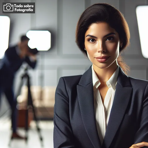 Imagen de una sesión de retrato durante una sesión de fotografía corporativa, mostrando a una persona de negocios posando frente a una cámara con ambiente profesional y elegante.