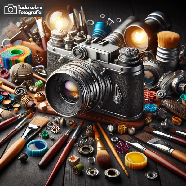 Imagen de una cámara fotográfica vintage rodeada de elementos creativos como pinceles, luces y objetos coloridos, representando la creatividad en la fotografía.