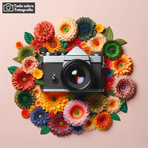 Imagen de una cámara fotográfica rodeada de flores de colores, representando la creatividad y originalidad en la fotografía.