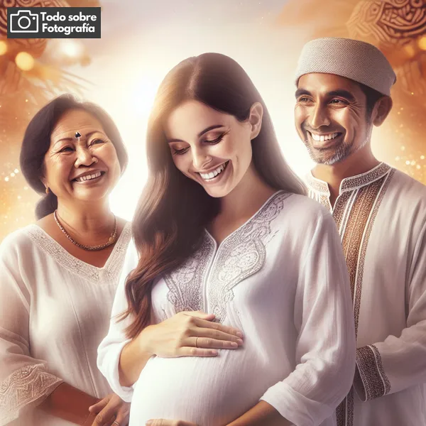 Imagen de una mujer embarazada sonriendo y acariciando su barriga, rodeada de su familia en un ambiente cálido y acogedor, capturando la belleza y la emoción de la maternidad.